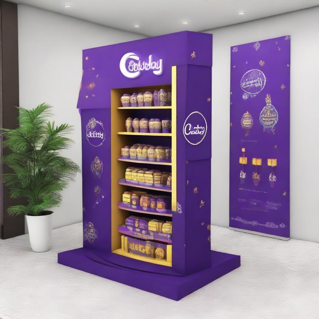 Design a Cadbury display stand inspired by Ramadan with dimensions 240x160x150 cm. Incorporate Islamic shapes, glass materials, soft lighting, and shelves adorned with Ramadan lanterns, creating a captivating haven for chocolate enthusiasts.