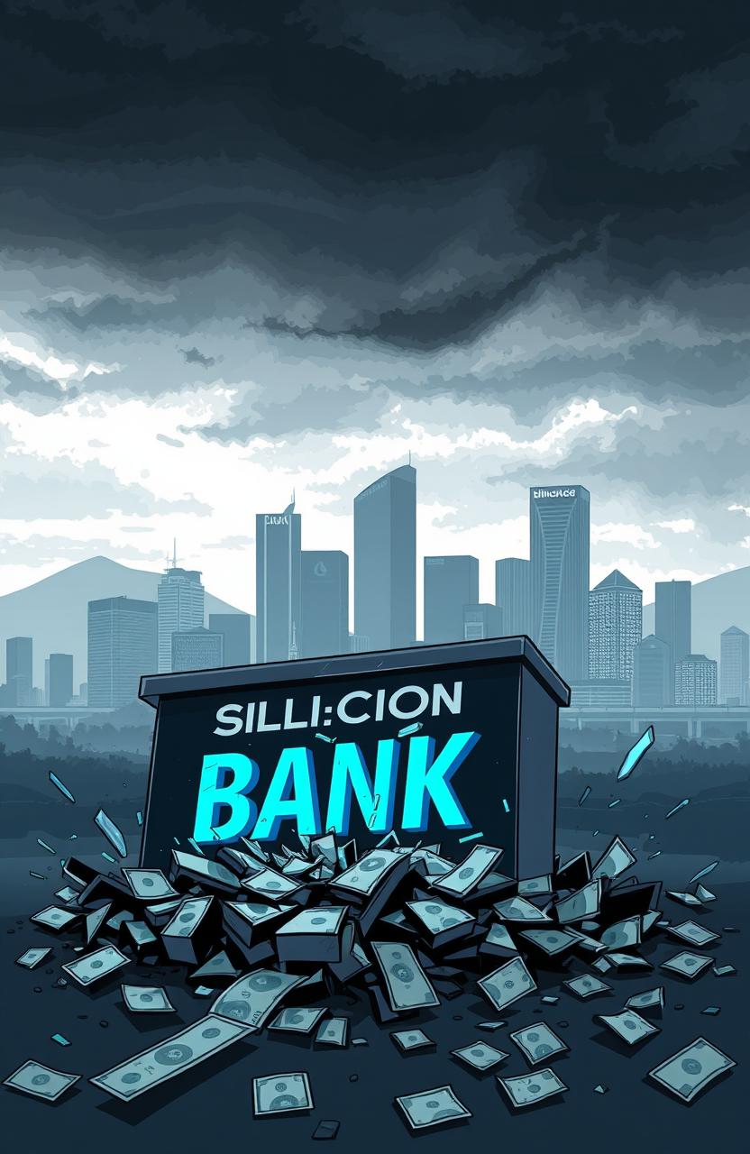 An illustration of a symbolic representation of the Silicon Valley Bank collapse, with a dramatic city skyline of Silicon Valley in the background, showing tall tech company buildings under dark, cloudy skies
