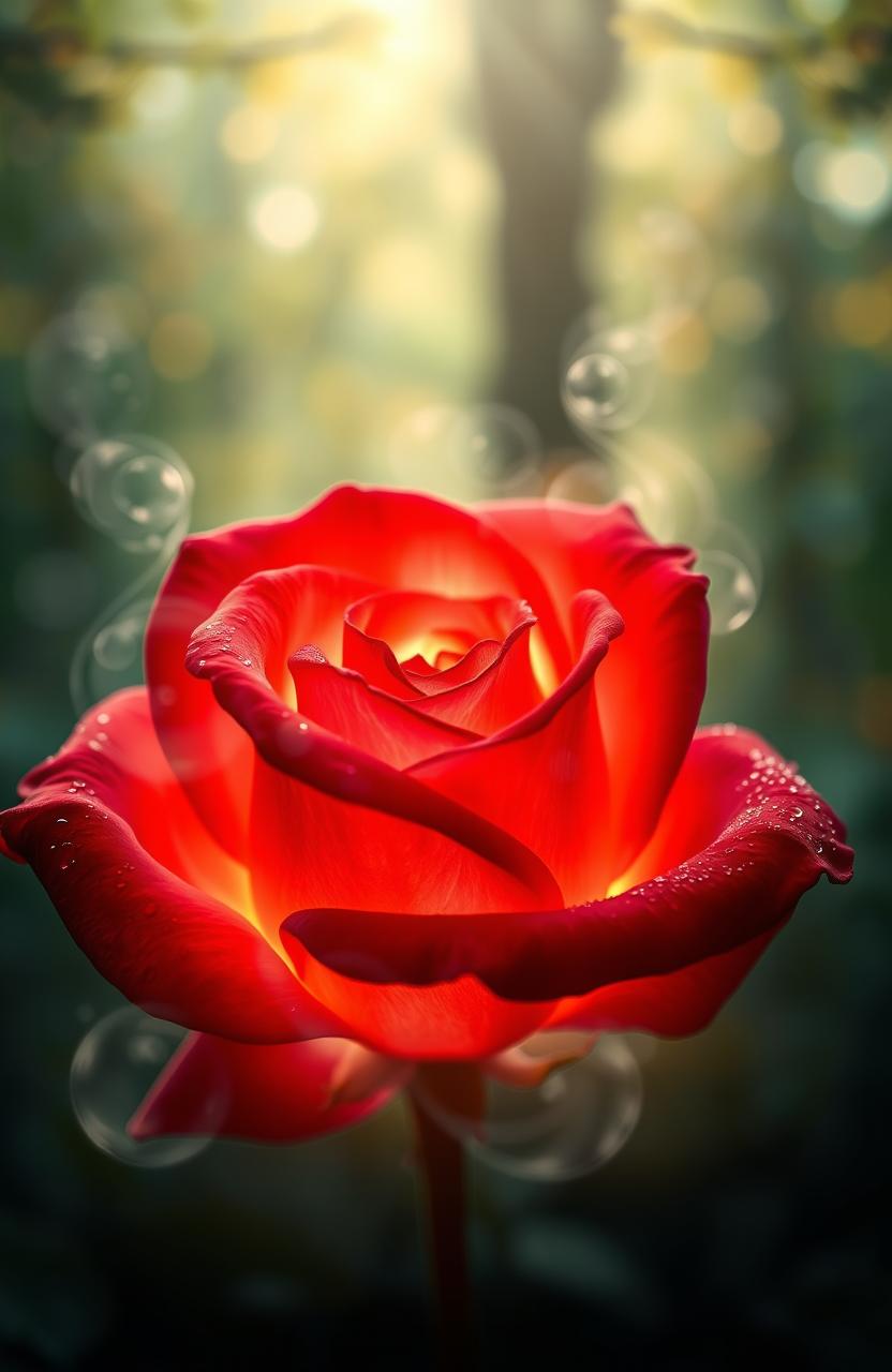 An enchanted red rose glowing with a soft, magical light, surrounded by ethereal wisps of mist