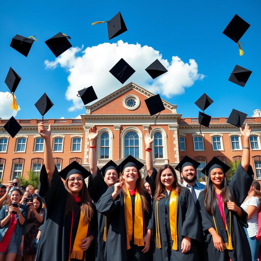 A joyful and vibrant university graduation scene, featuring diverse graduates in their caps and gowns, standing in front of a historic university building