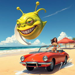 A gigantic, goofy-looking alien head with antennae and a wide grin, wobbling precariously on a wobbly, oversized dinner plate that is flying ridiculously low over a sunny beach