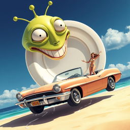 A gigantic, goofy-looking alien head with antennae and a wide grin, wobbling precariously on a wobbly, oversized dinner plate that is flying ridiculously low over a sunny beach