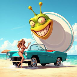 A gigantic, goofy-looking alien head with antennae and a wide grin, wobbling precariously on a wobbly, oversized dinner plate that is flying ridiculously low over a sunny beach