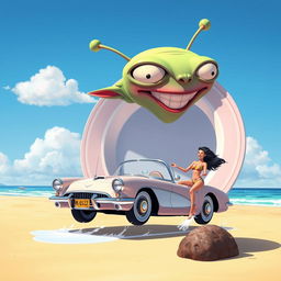 A gigantic, goofy-looking alien head with antennae and a wide grin, wobbling precariously on a wobbly, oversized dinner plate that is flying ridiculously low over a sunny beach