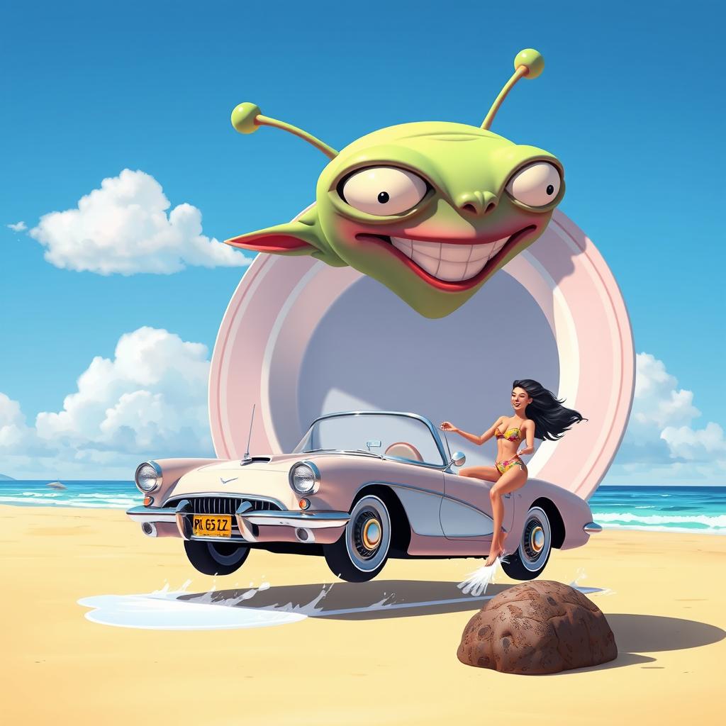 A gigantic, goofy-looking alien head with antennae and a wide grin, wobbling precariously on a wobbly, oversized dinner plate that is flying ridiculously low over a sunny beach