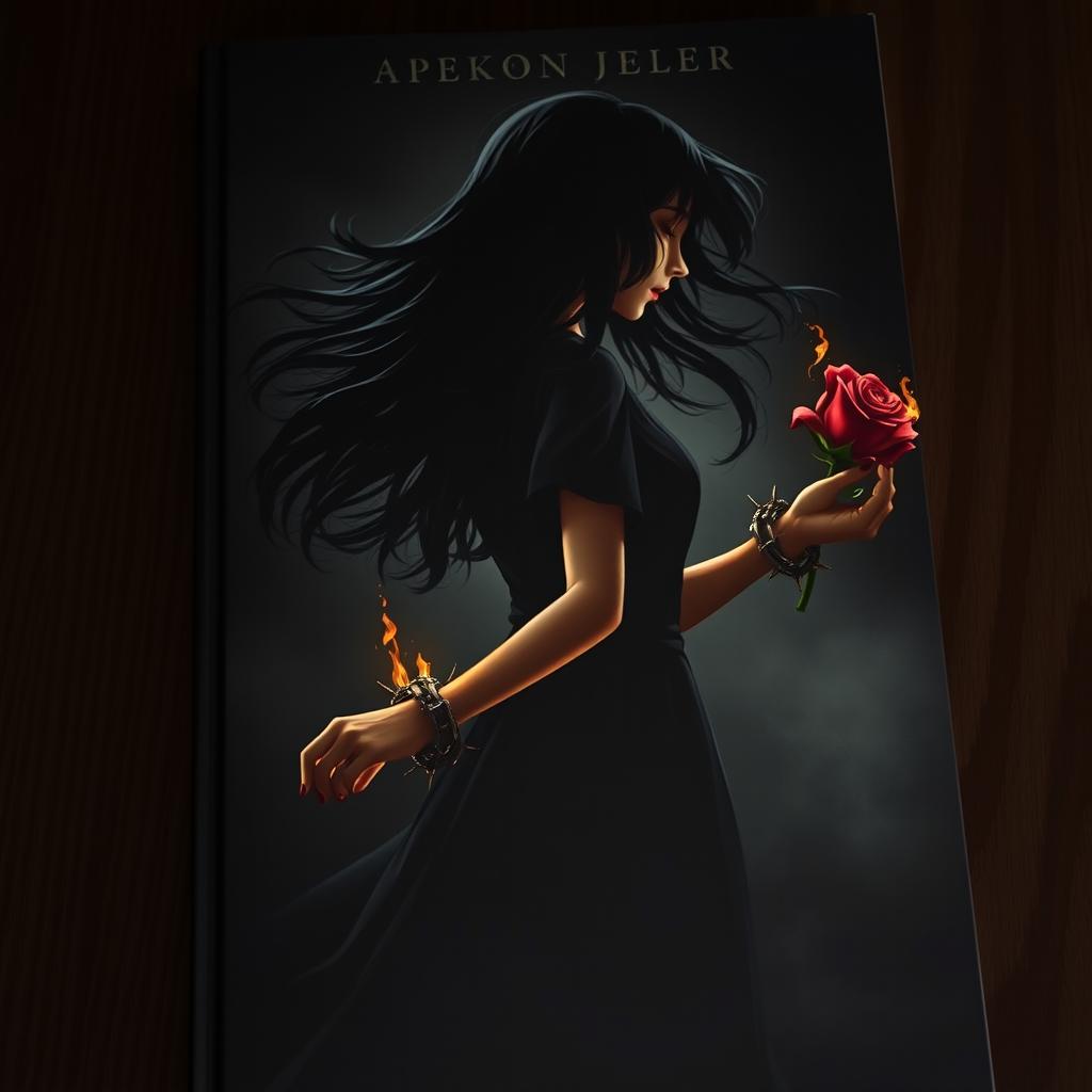 A captivating book cover featuring a girl with flowing black hair dancing gracefully in the shadows