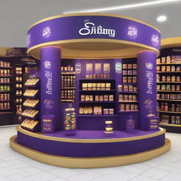 Design a Cadbury display stand inspired by Ramadan with dimensions 240x160x150 cm. Incorporate Islamic shapes, glass materials, soft lighting, and shelves adorned with Ramadan lanterns, creating a captivating haven for chocolate enthusiasts.