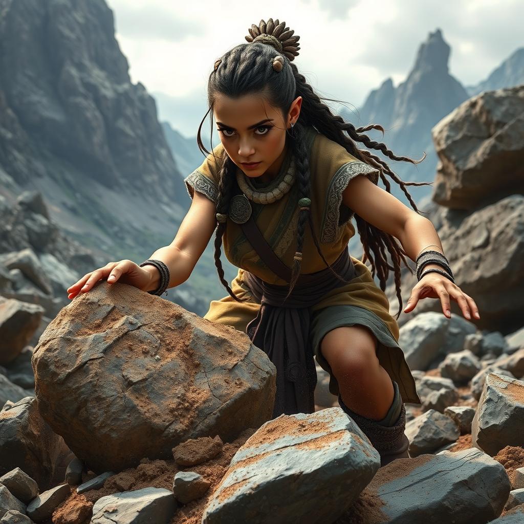 A strong female dwarf earthbender in a rocky environment, skillfully pulling large chunks of earth and stones up from the ground using her bending abilities