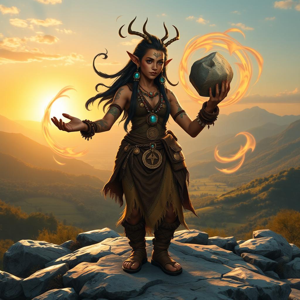 An enchanting female dwarf earthbender shaman, characterized by her rich, earthy skin tones and intricate tribal tattoos, channels her powerful earth magic