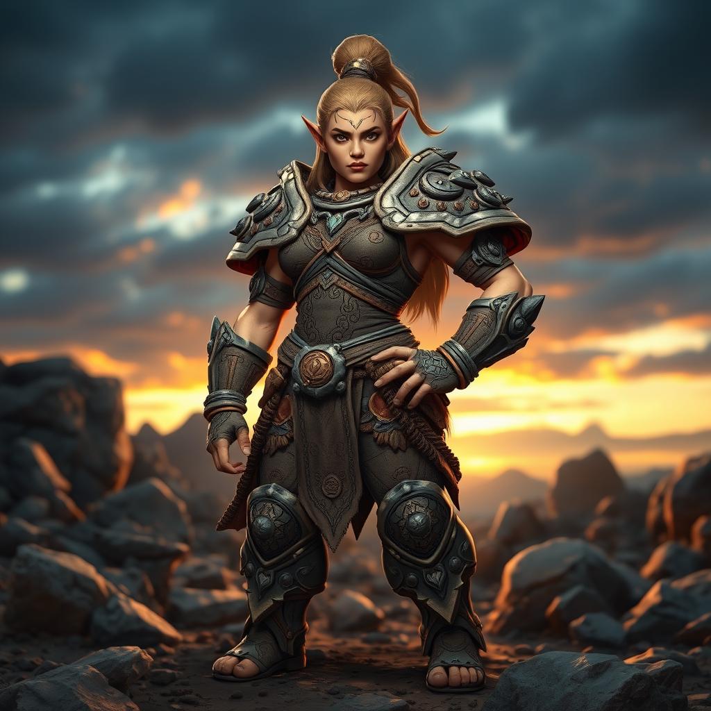 A strong and resilient female dwarf earthbender, wearing intricate armor made entirely from stone