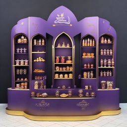 Design a Cadbury display stand inspired by Ramadan with dimensions 240x160x150 cm. Incorporate Islamic shapes, glass materials, soft lighting, and shelves adorned with Ramadan lanterns, creating a captivating haven for chocolate enthusiasts.