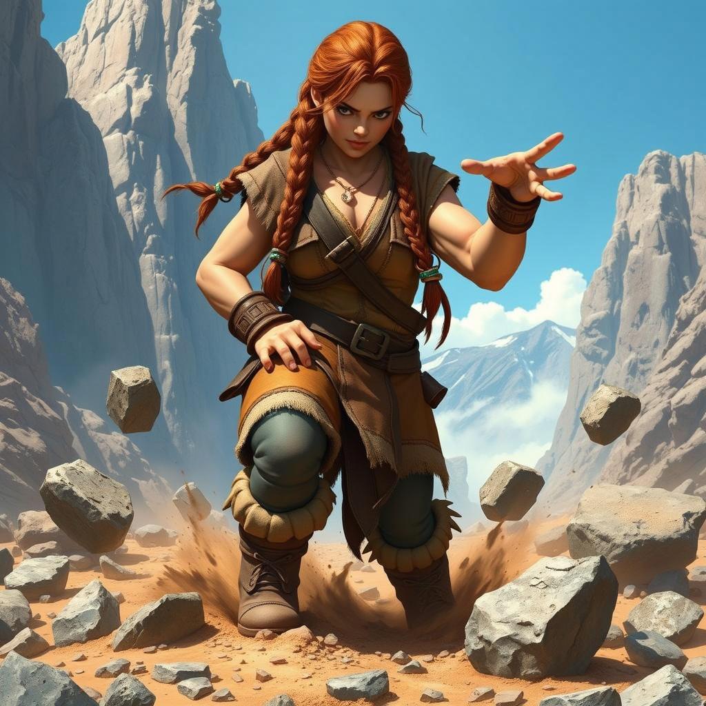 A powerful female warrior in a rugged desert landscape, with rocky mountains in the background