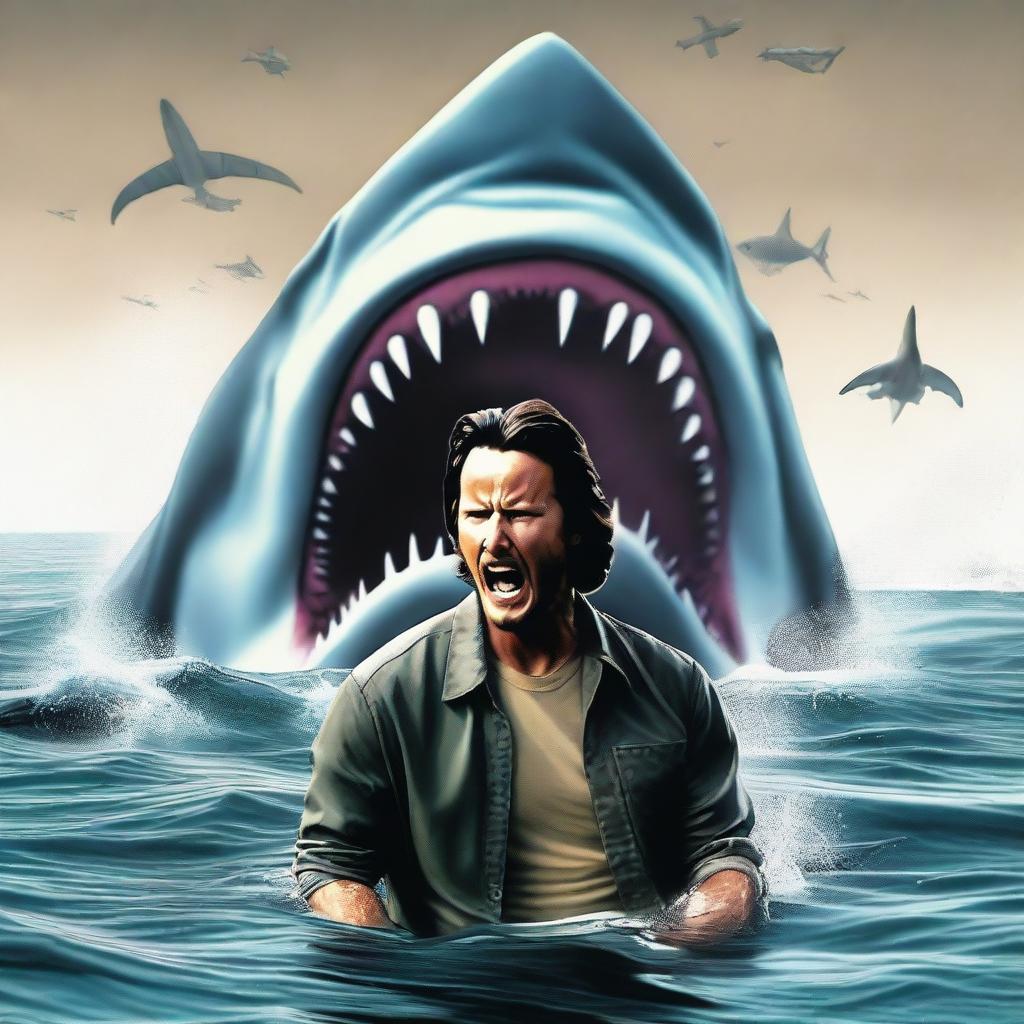 A high-quality digital art image depicting an intense scene from Jaws, featuring Keanu Reeves and Willem Defoe as the main characters