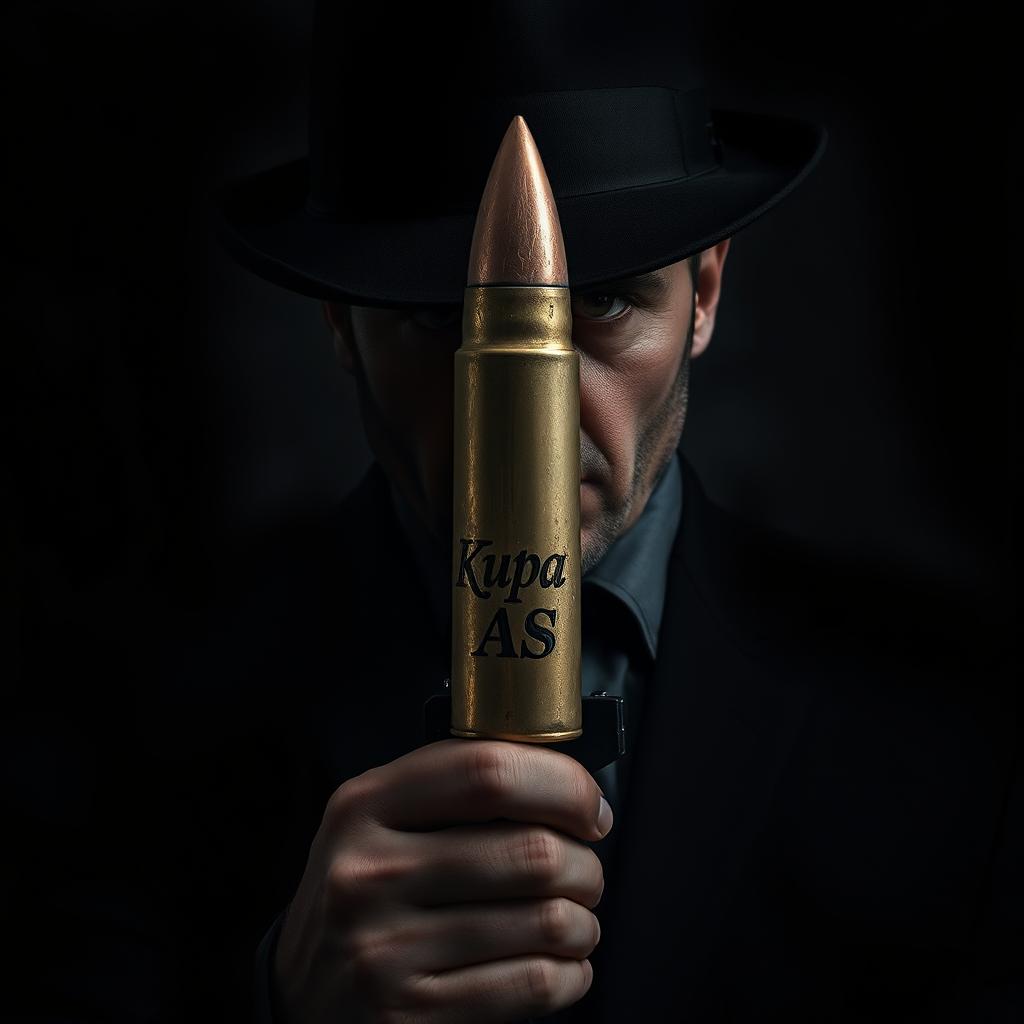 A mysterious mafia figure partially hidden behind a weapon, emphasizing a sense of intrigue and danger