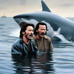 A high-quality digital art image depicting an intense scene from Jaws, featuring Keanu Reeves and Willem Defoe as the main characters