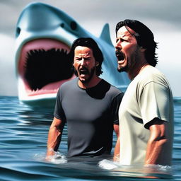 A high-quality digital art image depicting an intense scene from Jaws, featuring Keanu Reeves and Willem Defoe as the main characters