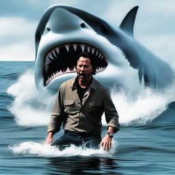 A high-quality digital art image depicting an intense scene from Jaws, featuring Keanu Reeves and Willem Defoe as the main characters