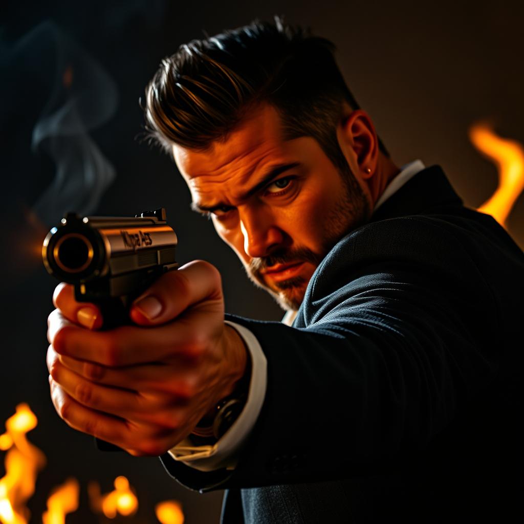 A mafia man positioned dramatically, turning his weapon towards an unseen target, with flames flickering in the background