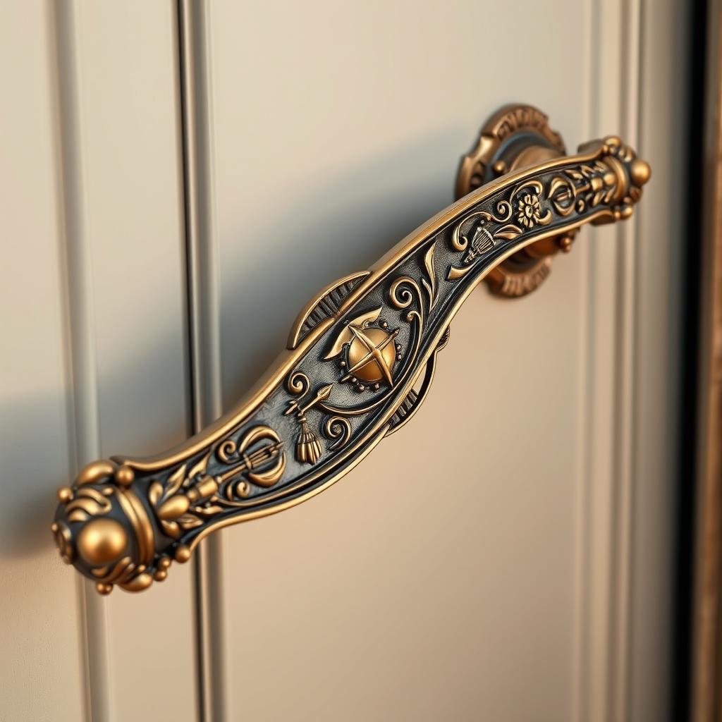 A tall door handle adorned with intricate patterns inspired by the goddess Artemis