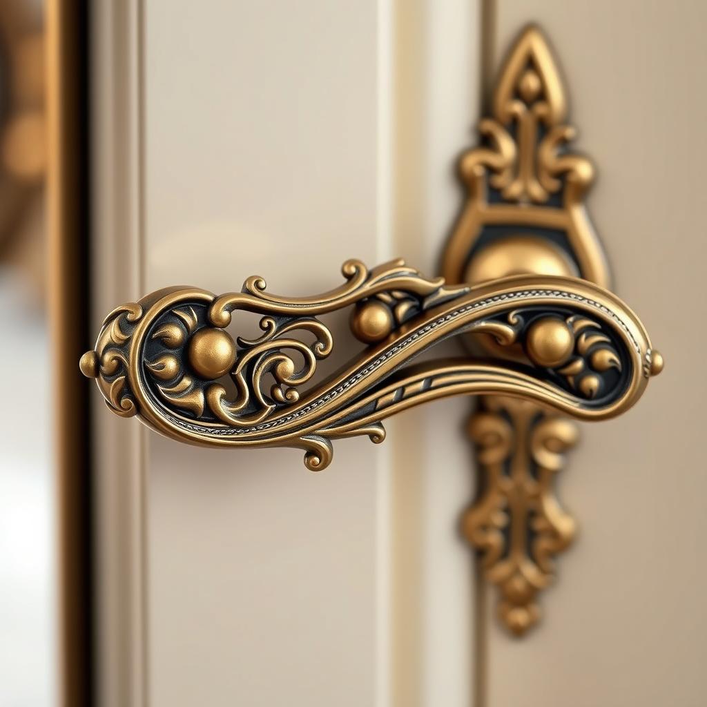 A tall door handle designed with intricate Artemis patterns, showcasing elegant curves and detailed carvings inspired by the Greek goddess of hunting