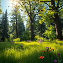 A vibrant outdoor scene showcasing a lush green forest with tall trees, sunlight filtering through the leaves, and a clear blue sky