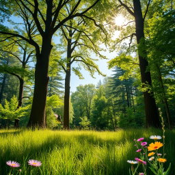 A vibrant outdoor scene showcasing a lush green forest with tall trees, sunlight filtering through the leaves, and a clear blue sky
