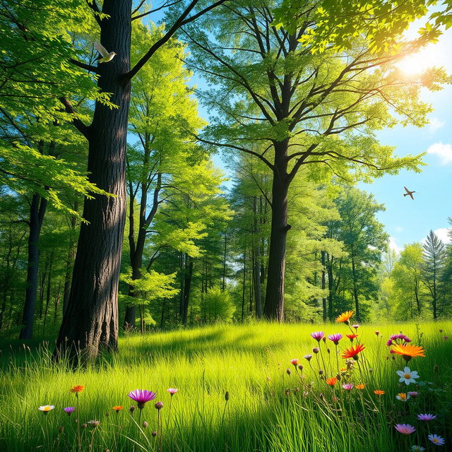 A vibrant outdoor scene showcasing a lush green forest with tall trees, sunlight filtering through the leaves, and a clear blue sky