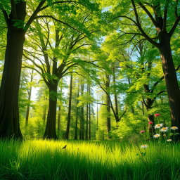 A vibrant outdoor scene showcasing a lush green forest with tall trees, sunlight filtering through the leaves, and a clear blue sky