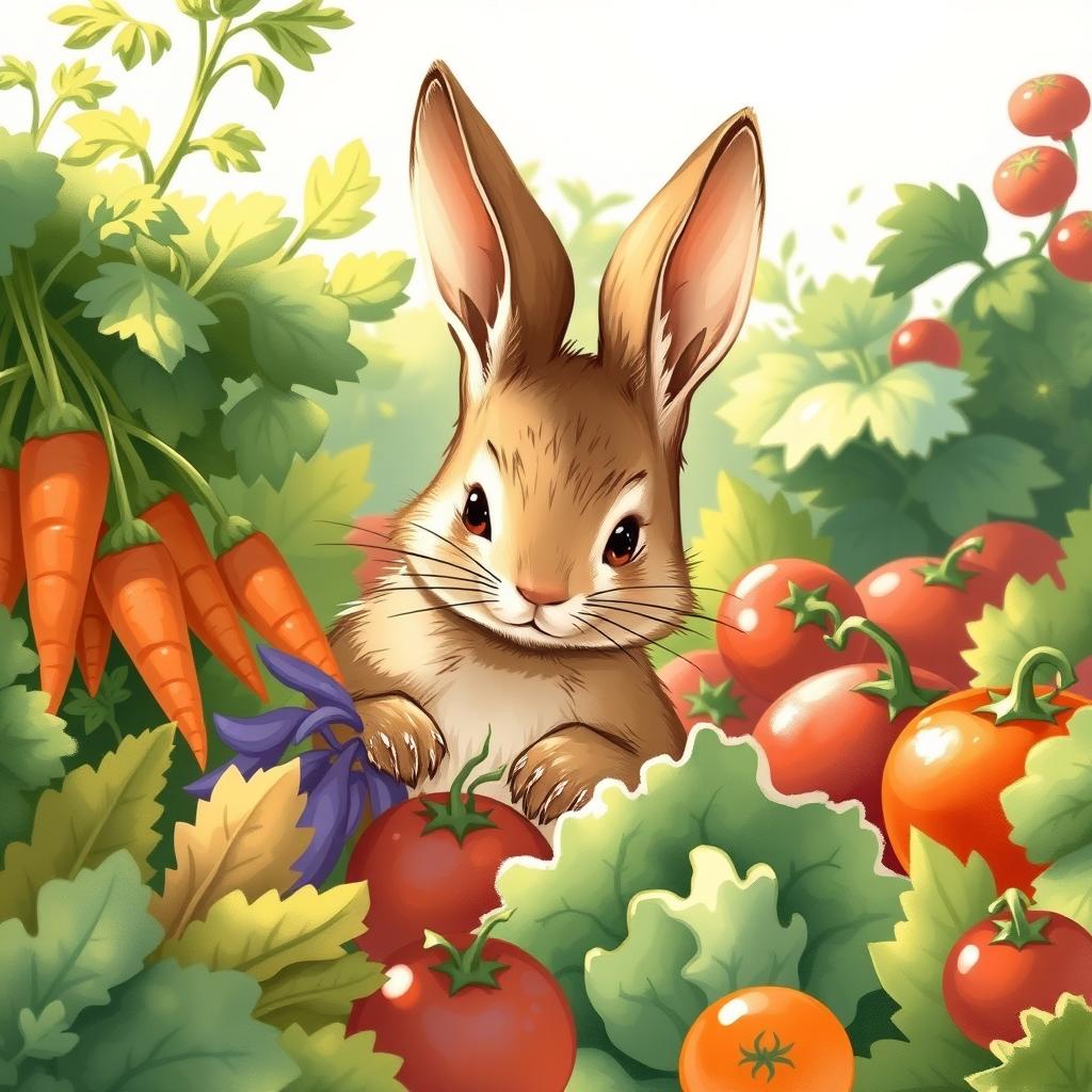A charming illustration of Peter Rabbit, a playful and mischievous young rabbit with fluffy brown fur and wide ears, stealthily sneaking into the vibrant garden of Mr