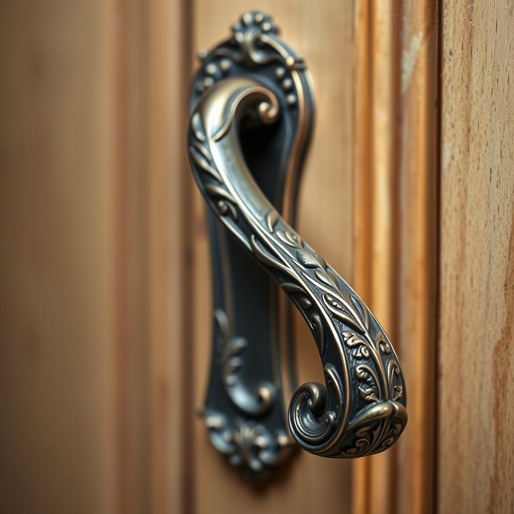 A tall door handle featuring intricate designs inspired by Artemis, the Greek goddess of the hunt, nature, and childbirth