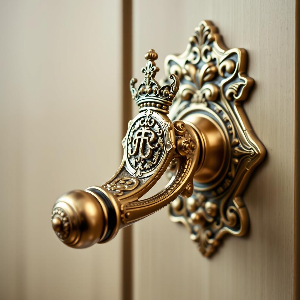 A tall door handle adorned with elaborate designs inspired by a regal king