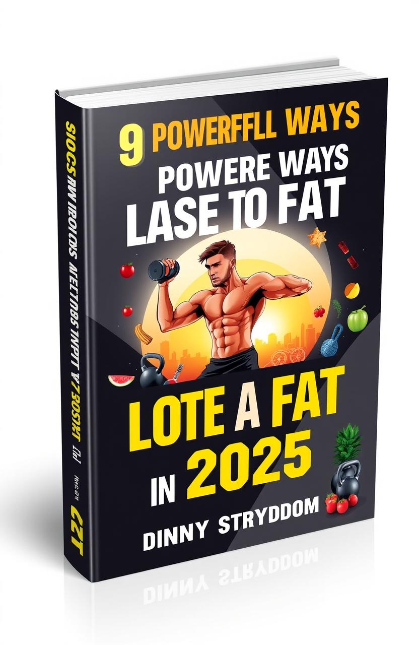 A motivational book cover depicting '9 Powerful Ways to Lose a Lot of Fat in 2025' authored by Danny Strydom