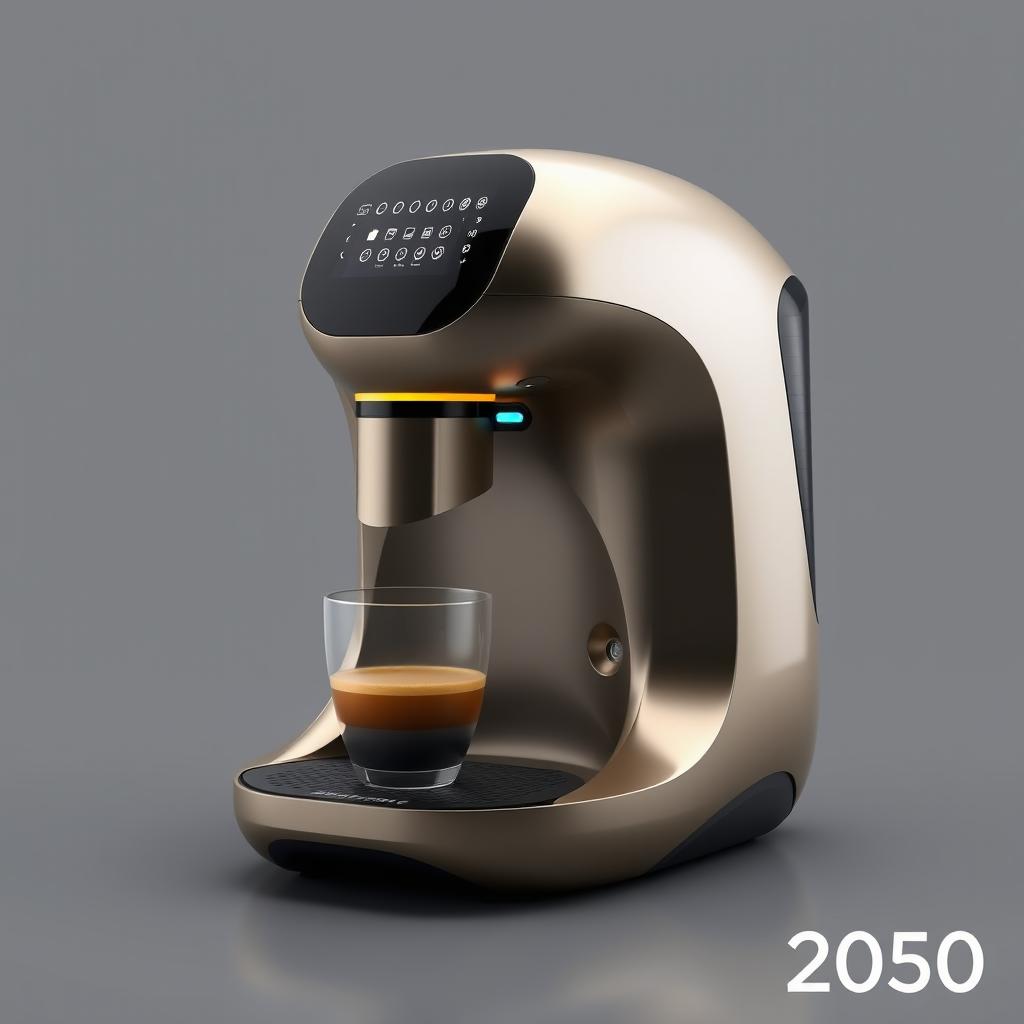 A futuristic coffee maker designed for the year 2050