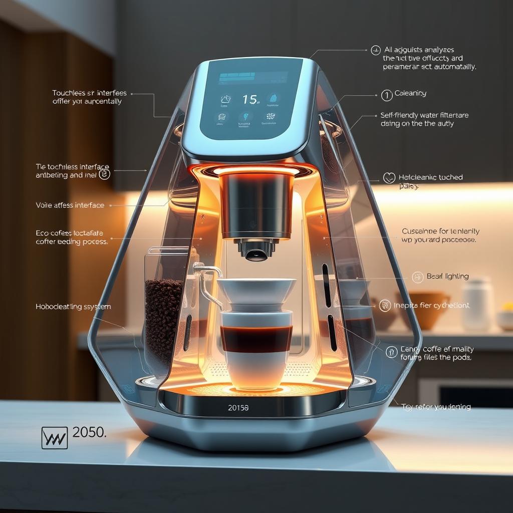 A highly advanced coffee maker designed for the year 2050, showcasing cutting-edge technology