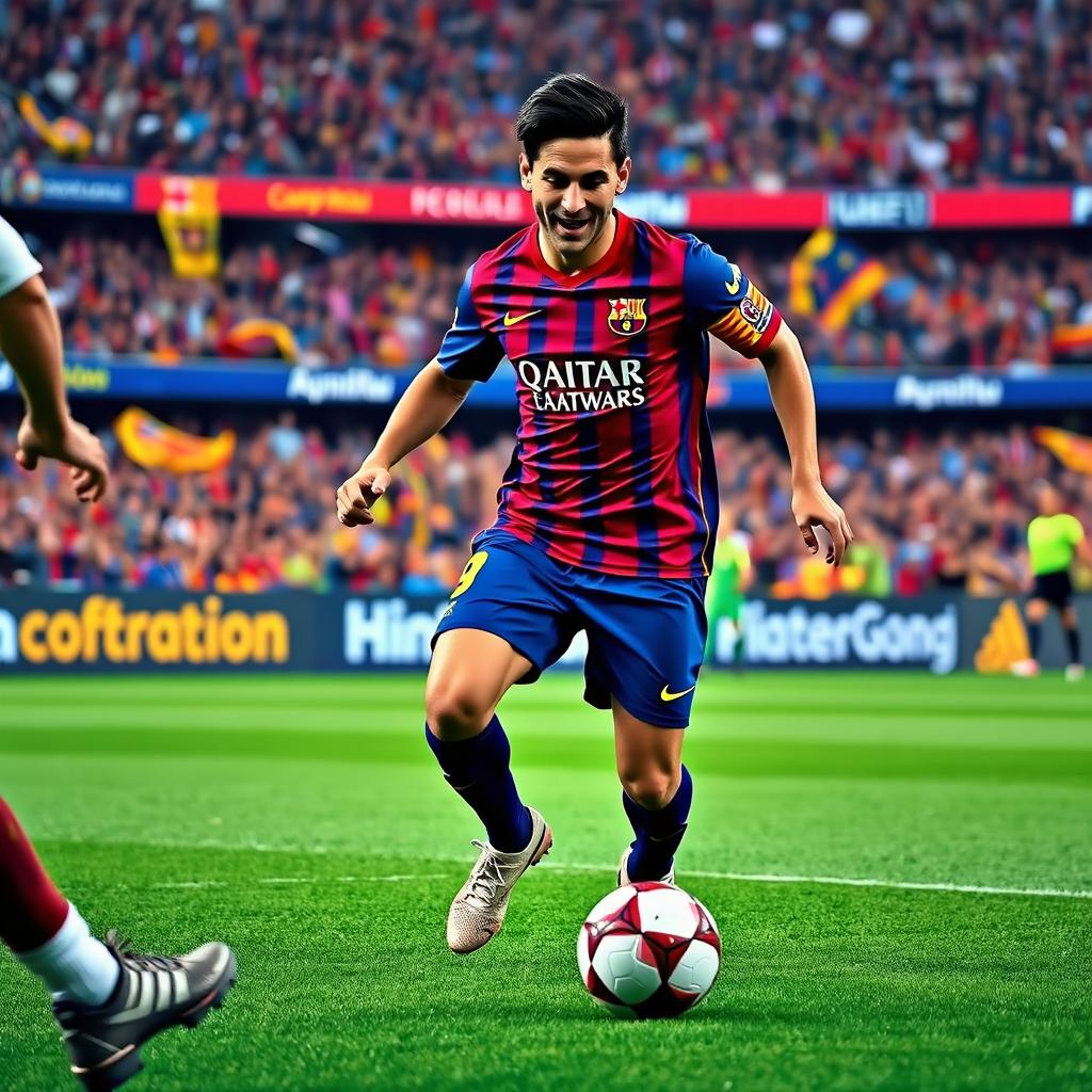 A passionate soccer player in an FC Barcelona kit, showcasing skill and determination on the pitch
