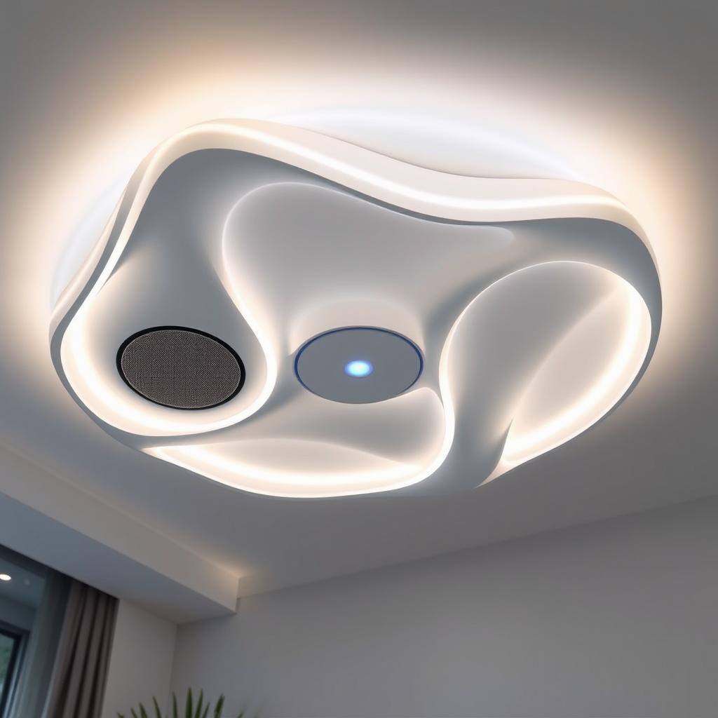 A futuristic ceiling lamp designed for the year 2050, showcasing advanced technology and innovative aesthetics