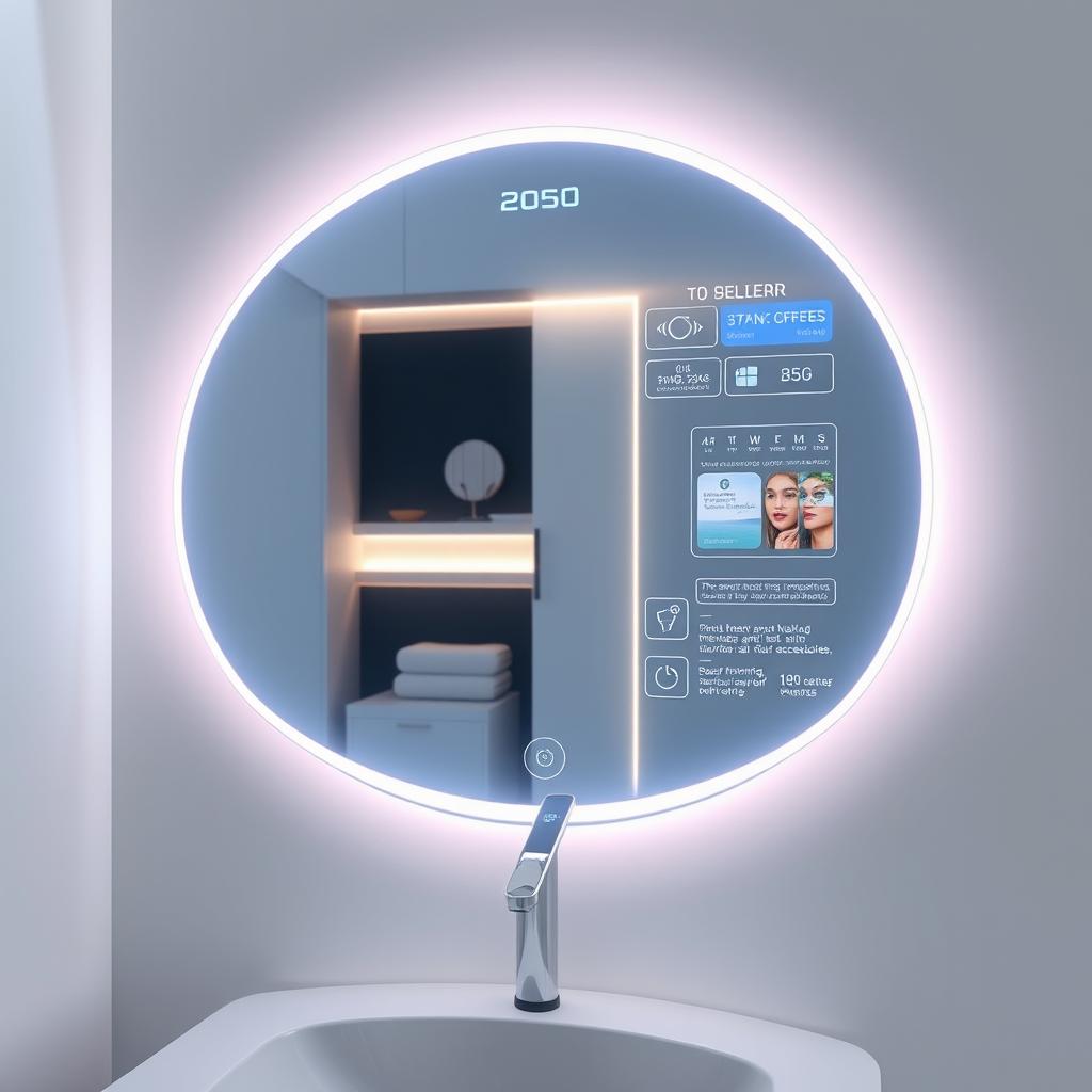 A futuristic mirror designed for the year 2050, showcasing high-tech features and sleek design