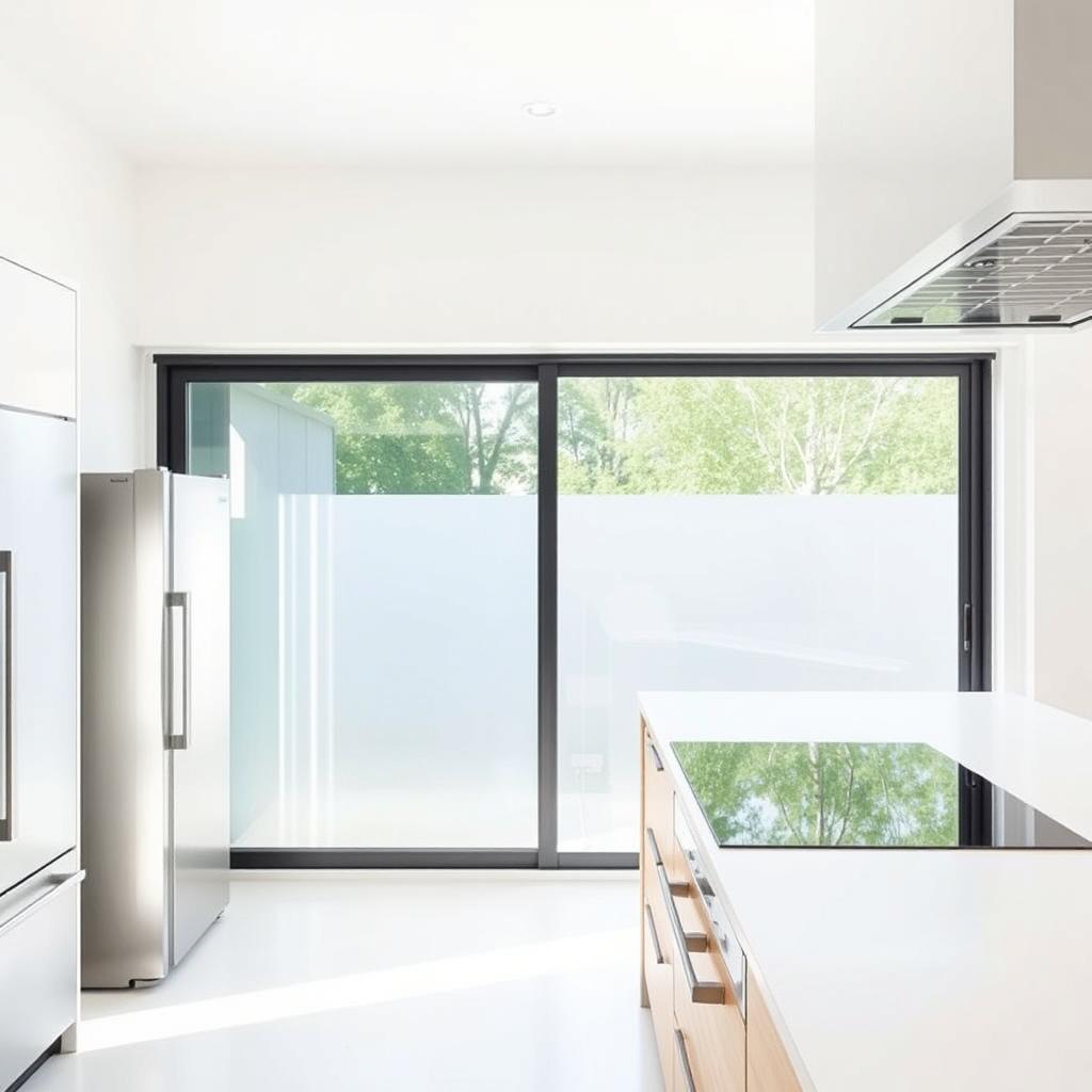 A minimalist kitchen design featuring a sleek sliding window in the background, allowing natural light to pour in