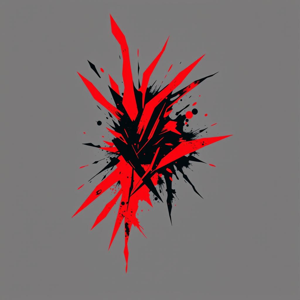 An abstract design for a t-shirt inspired by the manga Berserk, featuring bold and dynamic shapes in red and black color scheme