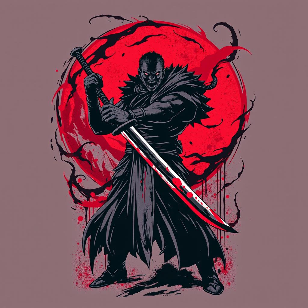 A striking t-shirt design inspired by the manga Berserk, featuring the iconic Black Swordsman Guts in a powerful pose with his massive sword, surrounded by dark, swirling shadows and blood splatters