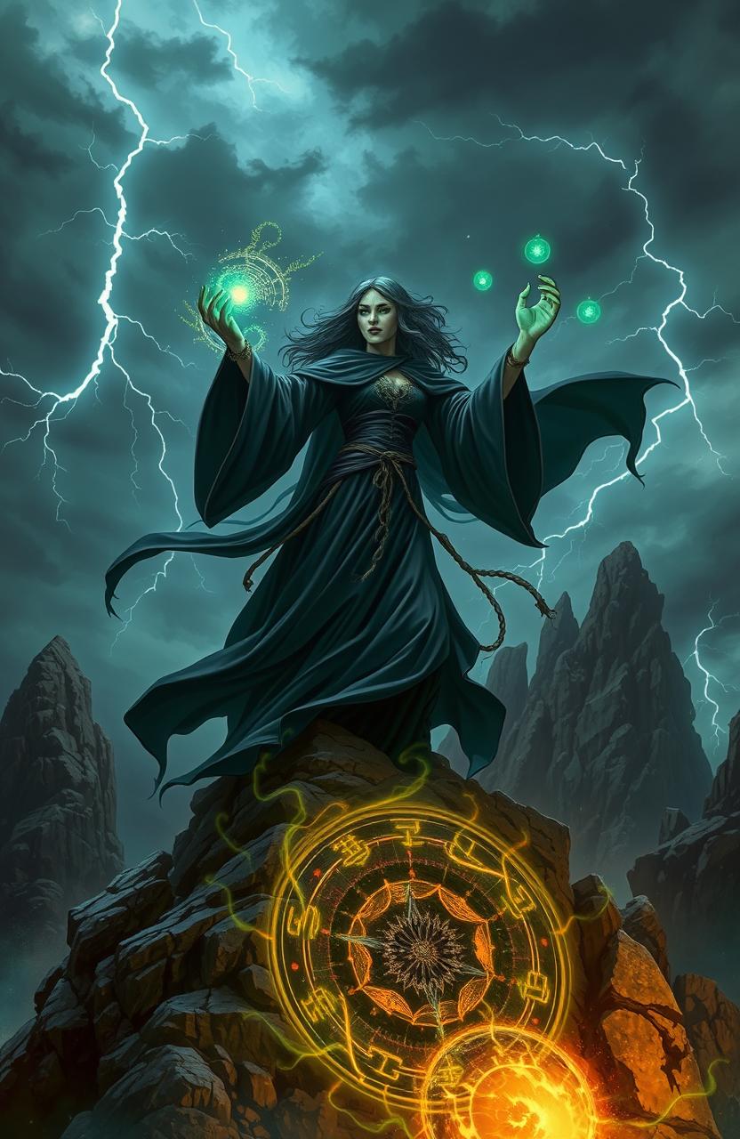 A mystical scene depicting a powerful sorceress casting a dark curse