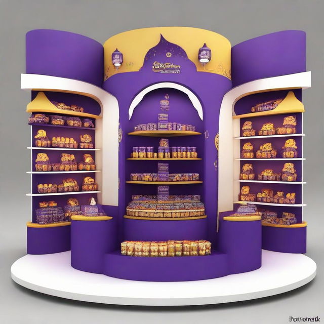 Design a Cadbury display stand inspired by Ramadan with dimensions 240x160x150 cm. Incorporate Islamic shapes, glass materials, soft lighting, and shelves adorned with Ramadan lanterns, creating a captivating haven for chocolate enthusiasts.