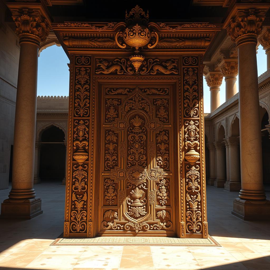 An intricate and ornate wooden door from the era of the Persian kings, showcasing exquisite craftsmanship with detailed carvings depicting mythical beasts and floral patterns, richly decorated with gold accents