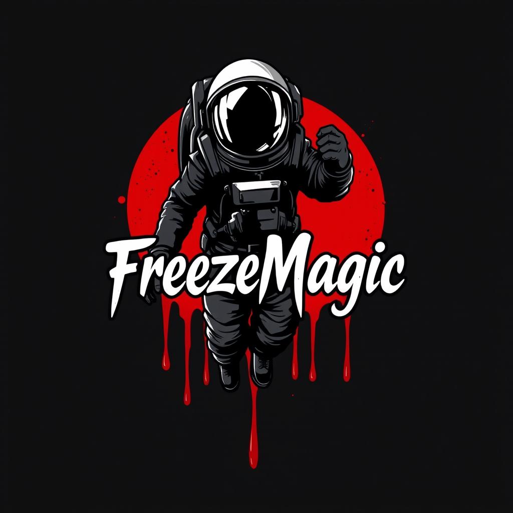 A striking T-shirt print design featuring a black astronaut with a shattered helmet, floating in a blood-red space background
