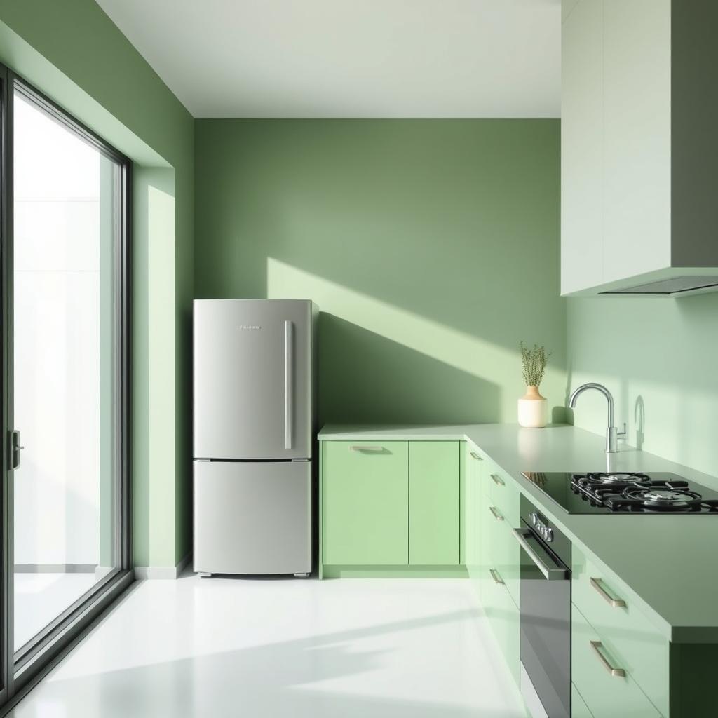 A minimalist green kitchen featuring a sleek design