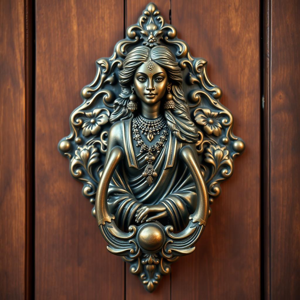 A beautifully intricate door knocker featuring the design of a woman resembling Kasandan
