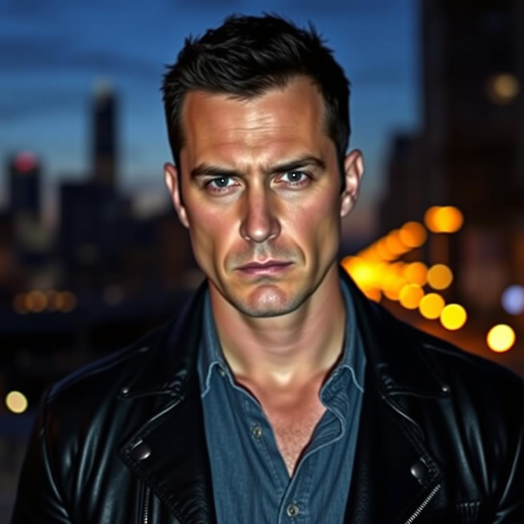 A man with a serious expression, wearing a stylish black leather jacket