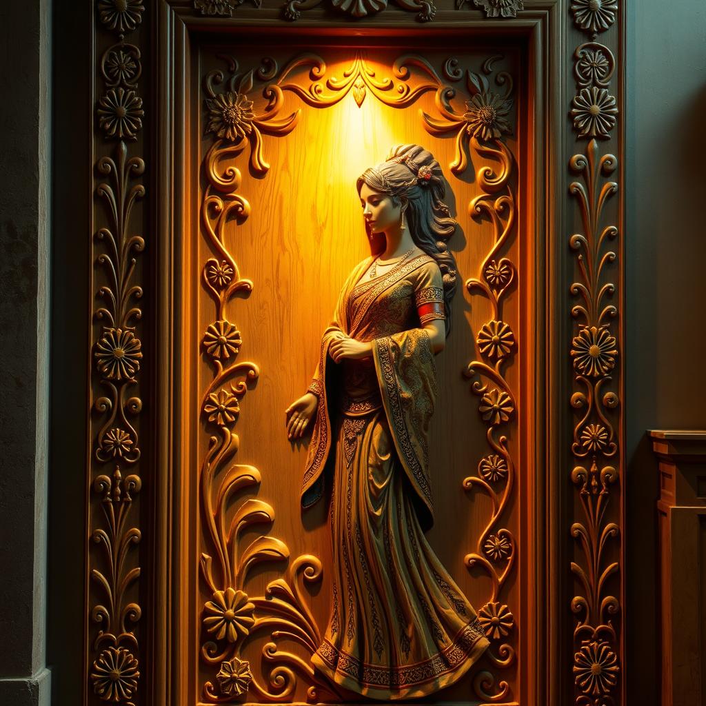 A beautifully crafted door sculpture featuring a woman in traditional Kassandan attire, with intricate patterns and vibrant colors highlighting her elegant figure