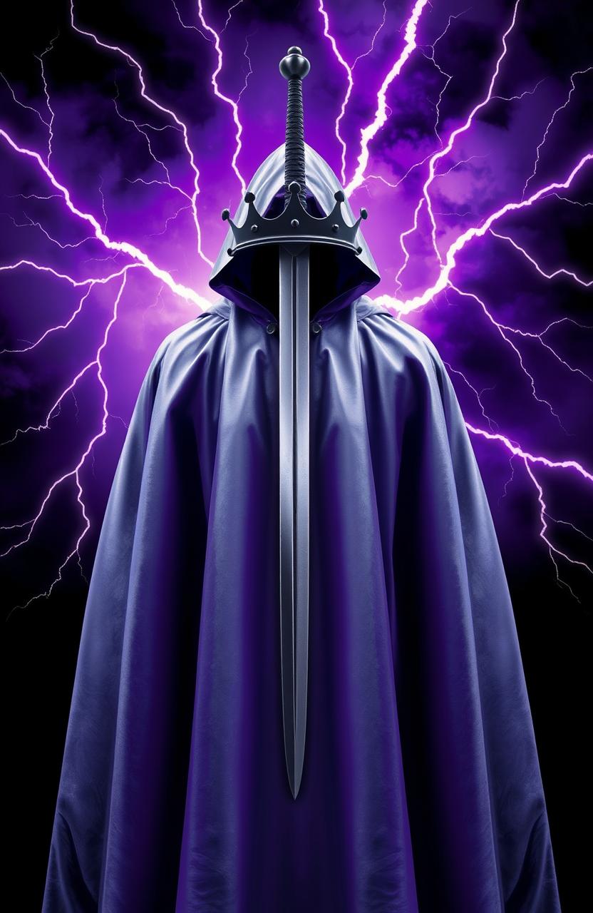 A cape designed in shades of silver and purple, featuring a long sword piercing through a simple black crown