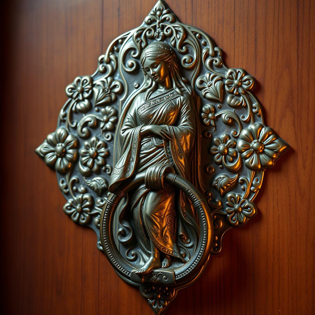 An exquisite door knocker featuring a woman in traditional Kassandan attire, intricately designed with fine details that showcase her graceful pose